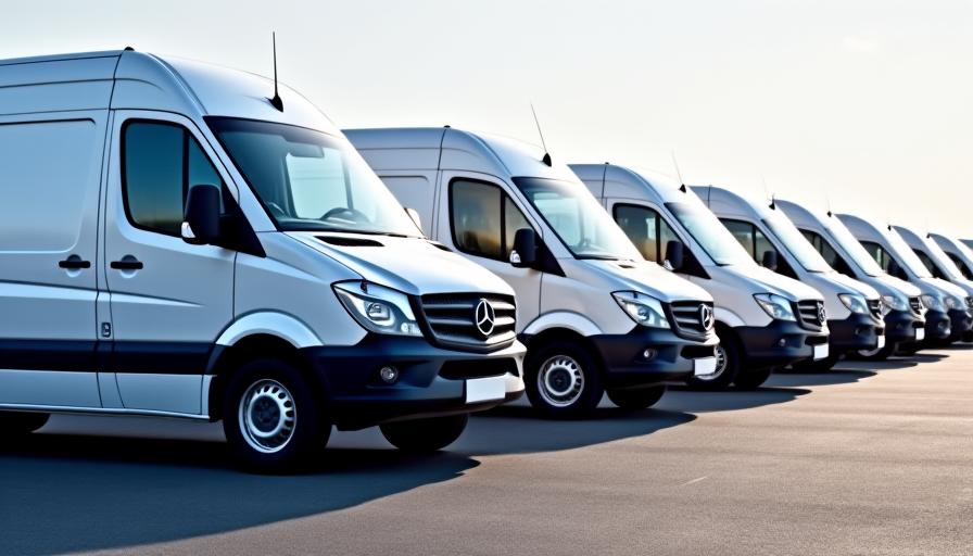 Mehrere saubere Lieferwagen einer Firmenflotte in einer Reihe.