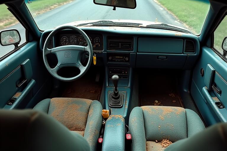 Ein staubiger und schmutziger Fahrzeuginnenraum.