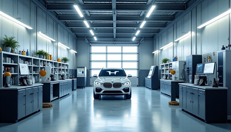 Moderne und saubere Werkstatthalle von AquaGlow Fahrzeugpflege.